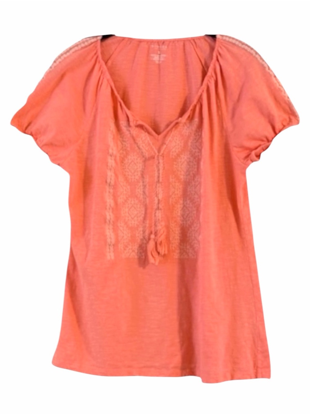 Sonoma Life Style Coral Pink Embroidered Peasant Top M Slub Cotton Tassel